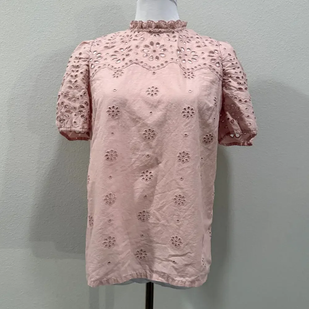 Boden Pink Altheda Broderie Top Embroidered Eyelet Cotton Puff Sleeve Cottage 6